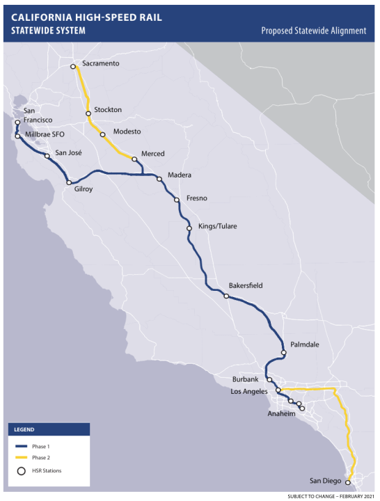 A map showing the proposed statewide alignment for California's high-speed rail system.