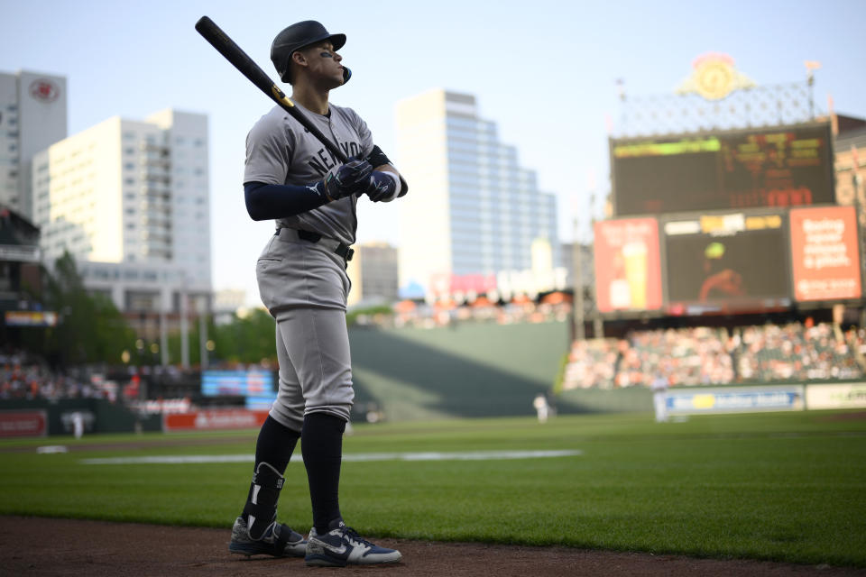 New York Yankees' Aaron Judge warms up before a baseball game against the Baltimore Orioles, Monday, April 29, 2024, in Baltimore. (AP Photo/Nick Wass)