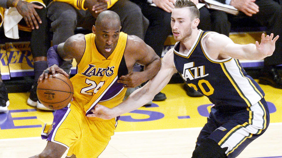 Kobe Bryant and Gordon Hayward, pictured here in Kobe's final game in 2016.