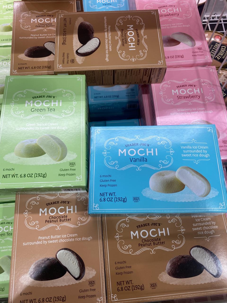 Boxes of Trader Joe's mochi dessert.