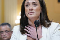 Cassidy Hutchinson, former aide to Trump White House chief of staff Mark Meadows, testifies about how former President Donald Trump reacted in his vehicle after being told he was not able to go to the Capitol from the Ellipse on Jan. 6, as the House select committee investigating the Jan. 6 attack on the U.S. Capitol continues to reveal its findings of a year-long investigation, at the Capitol in Washington, Tuesday, June 28, 2022. (AP Photo/Jacquelyn Martin)