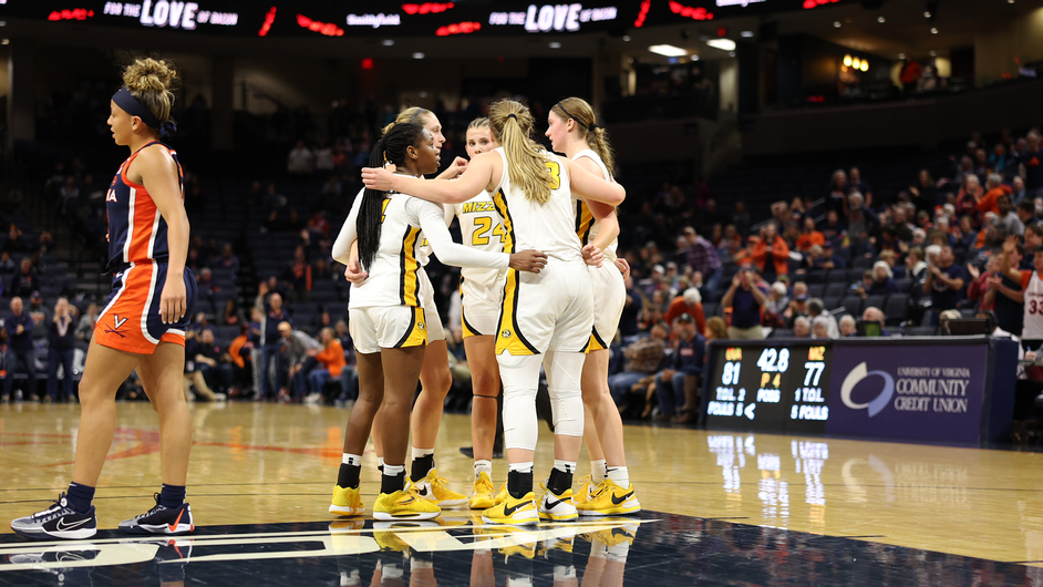 The Missouri women's basketball team huddles during a women's baketball game against Virginia at John Paul Jones Arena, on Nov. 30, 2023, in Charlottesville, Va.