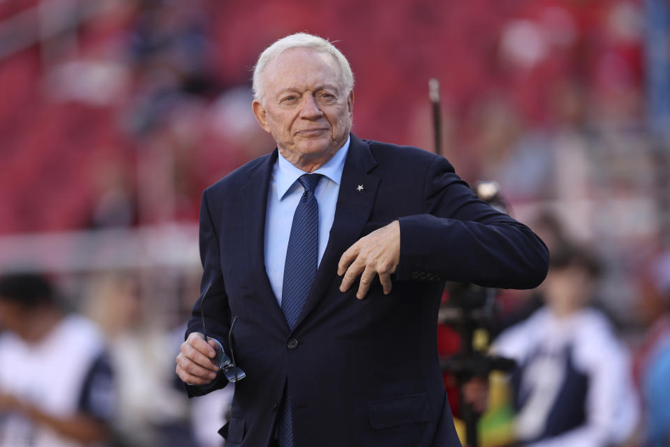 Cowboys team owner Jerry Jones isn't ready to make wholesale changes at quarterback, play-caller and more, even if Sunday's blowout loss to the 49ers indicated Dallas is still a rung below the NFC's best. (AP Photo/Jed Jacobsohn)
