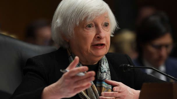 PHOTO: Treasury Secretary Janet Yellen takes questions on the Biden administration's plans, following the collapse of three U.S. lenders, on Capitol Hill in Washington, March 16, 2023. (Mary F. Calvert/Reuters)