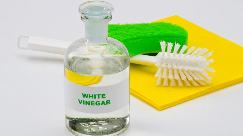 How to Clean Windows Without Streaks: White vinegar in a glass bottle. White background. Organic cleaner.