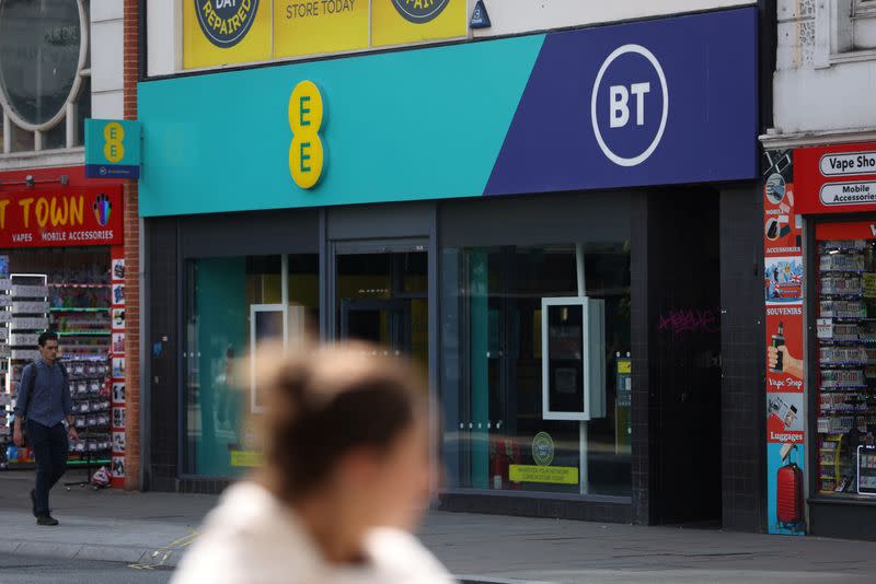 View of the BT Group logo displayed on a shopfront, in London