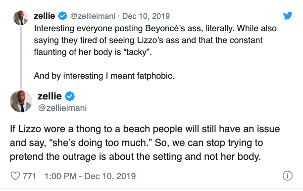 A screenshot of a tweet about Lizzo wearing a black dress that exposed her thong at a basketball game