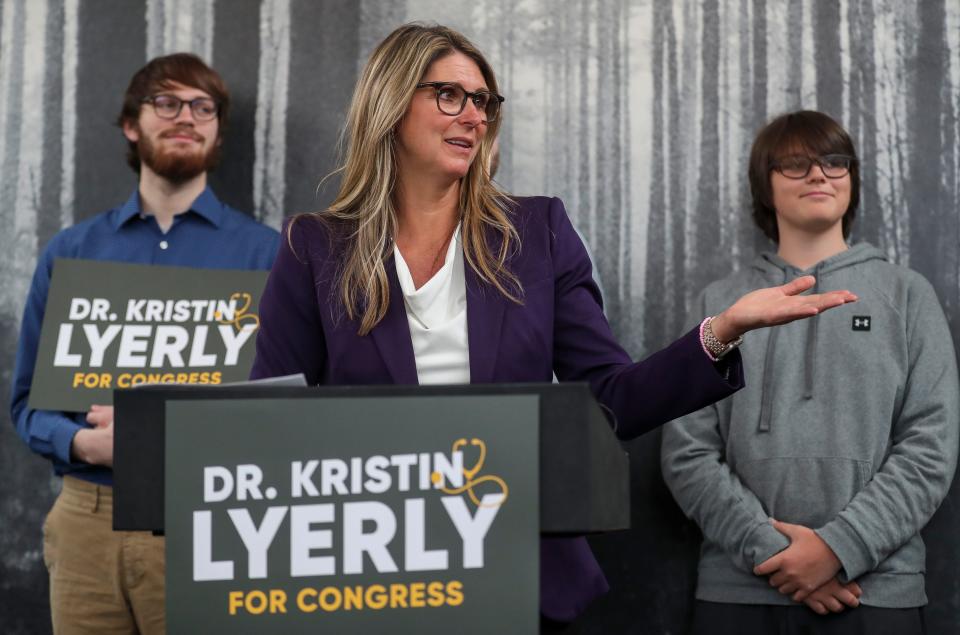 Dr. Kristin Lyerly addresses supporters during her campaign announcement on Thursday, April 4, 2024, at Hinterland Brewery in Ashwaubenon, Wis. Lyerly announced her candidacy for the 8th Congressional District seat vacated by U.S. Rep. Mike Gallagher.