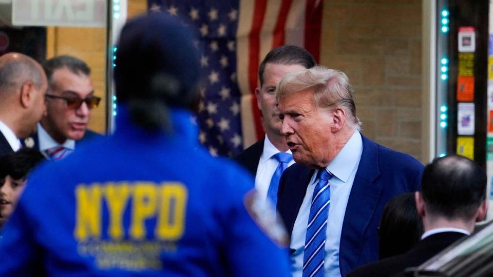 Republican presidential candidate and former U.S. President Donald Trump holds a campaign stop at Sanaa convenient store, in the Harlem section of New York City, U.S., April 16, 2024.