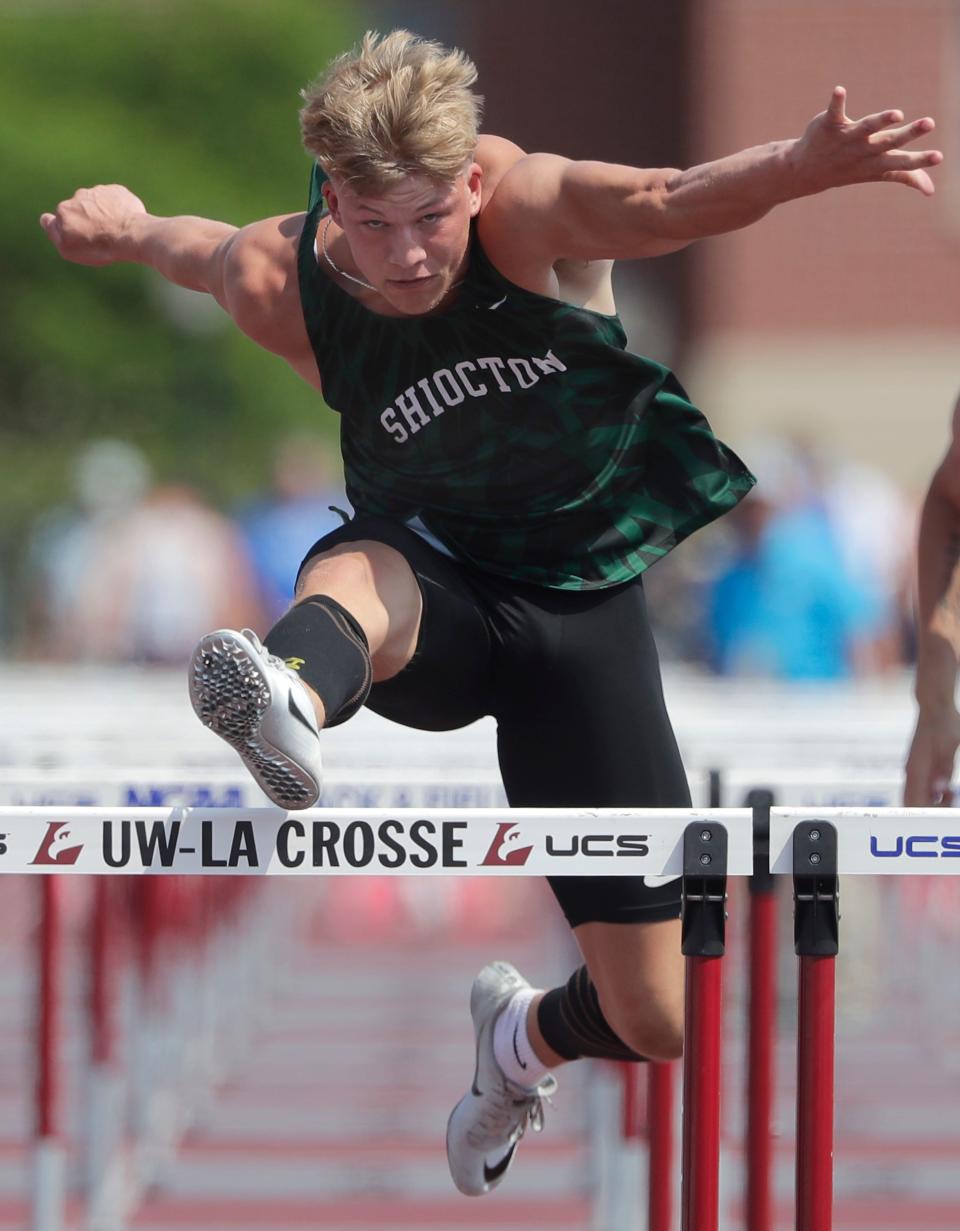 Shiocton's Cade Stingle repeated as the Division 3 state champion in the 110 and 300 hurdles Saturday at the WIAA state track and field championships at Veterans Memorial Stadium in La Crosse.