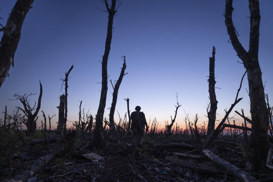 Ukrainian servicemen walk through a charred forest at the frontline a few kilometers from Andriivka, Donetsk region, Ukraine, Saturday, Sept. 16, 2023. Ukrainian brigade's two-month battle to fight its way through a charred forest shows the challenges of the country's counteroffensive in the east and south. (AP Photo/Mstyslav Chernov)