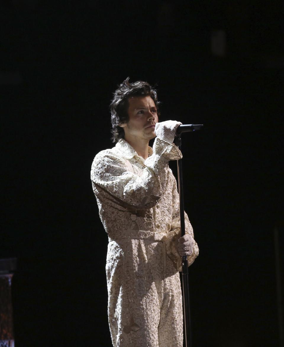 Harry Styles performs on stage at the Brit Awards 2020 in London, Tuesday, Feb. 18, 2020. (Photo by Joel C Ryan/Invision/AP)