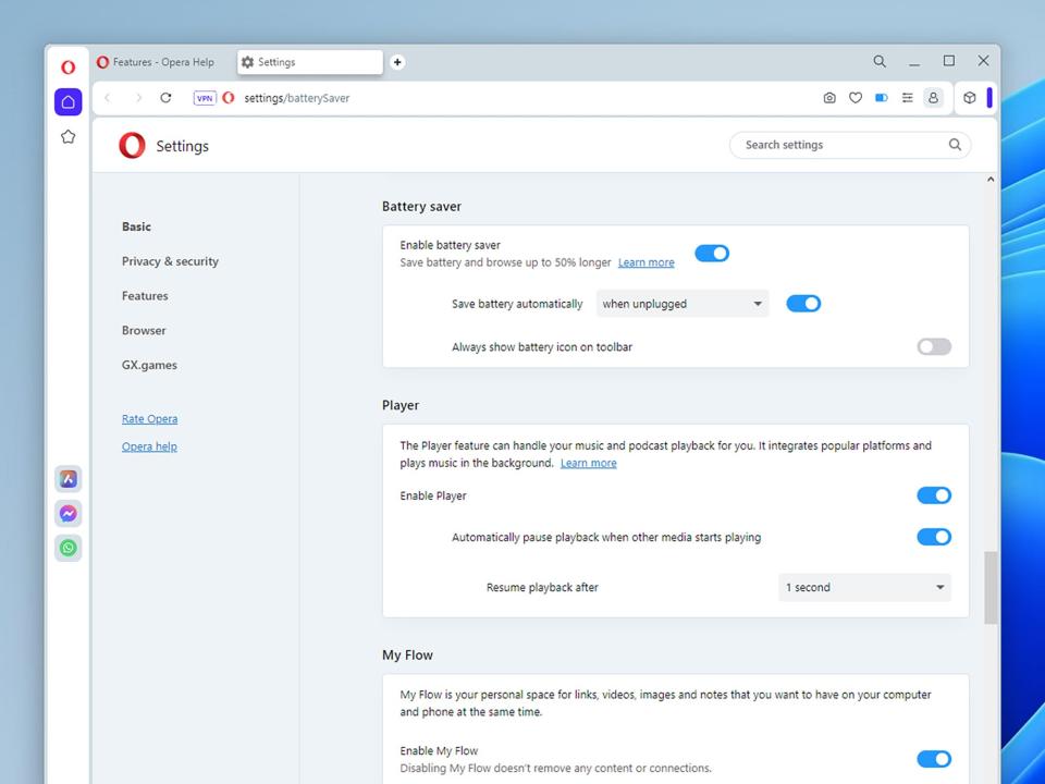 The Battery Saver options in the Opera web browser.