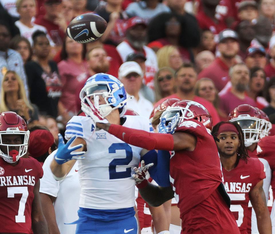 Arkansas Razorbacks defensive back Lorando Johnson (1) interferes with the catch by Brigham Young Cougars wide receiver Chase Roberts (2) at Razorback Stadium in Fayetteville on Saturday, Sept. 16, 2023. | Jeffrey D. Allred, Deseret News