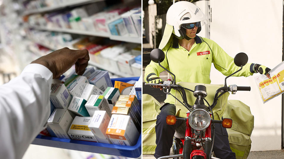 Pictured is a pharmacist sifting through medications (left) and an Australia Post delivery driver (right). 