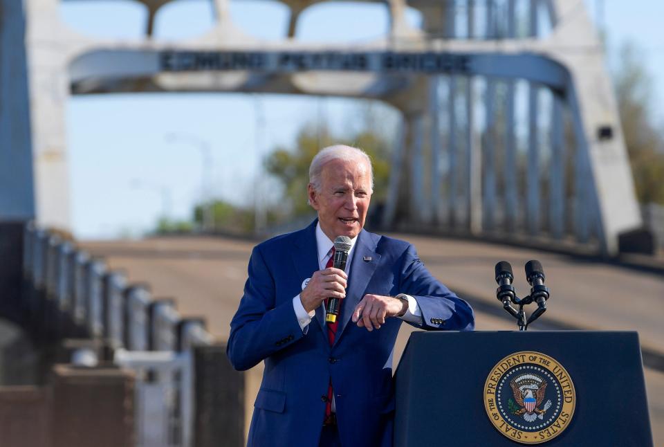 President Joe Biden visits the Edmund Pettus Bridge in Selma, Alabama, on Sunday, March 5, 2023, to commemorate the 58th anniversary of the Bloody Sunday bridge crossing.