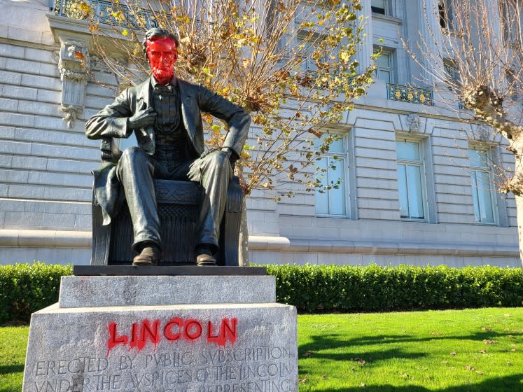 A statue of Abraham Lincoln was vandalized in front of San Francisco City Hall.