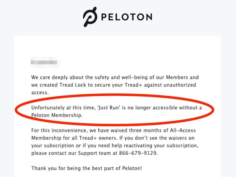 A screenshot of an email from Peloton. A part circled in red says, "Unfortunately at this time, 'Just Run' is no longer accessible without a Peloton Membership."