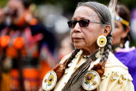 Cynthia King, from G'Chimnissing, dances for her aunt who never returned home from a residential school during Canada's first National Day for Truth and Reconciliation, honouring the lost children and survivors of Indigenous residential schools, their families and communities, in Toronto, Ontario, Canada September 30, 2021. REUTERS/Carlos Osorio