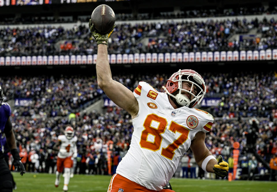 BALTIMORE, MD - JANUARY 28:  Kansas City Chiefs tight end Travis Kelce (87) reacts after catching a touchdown pass in the first quarter during the Kansas City Chiefs game versus the Baltimore Ravens in the AFC Championship Game on January 28, 2024 at M&T Bank Stadium in Baltimore, MD.  (Photo by Mark Goldman/Icon Sportswire via Getty Images)