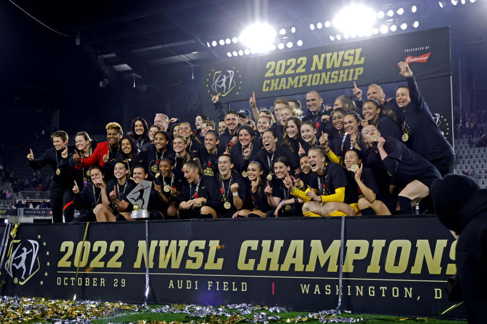 Oct 29, 2022;  Washington, DC, USA;  The Portland Thorns FC celebrate winning the NWSL championship game against the Kansas City Current at Audi Field.  Mandatory Credit: Geoff Burke-USA TODAY Sports