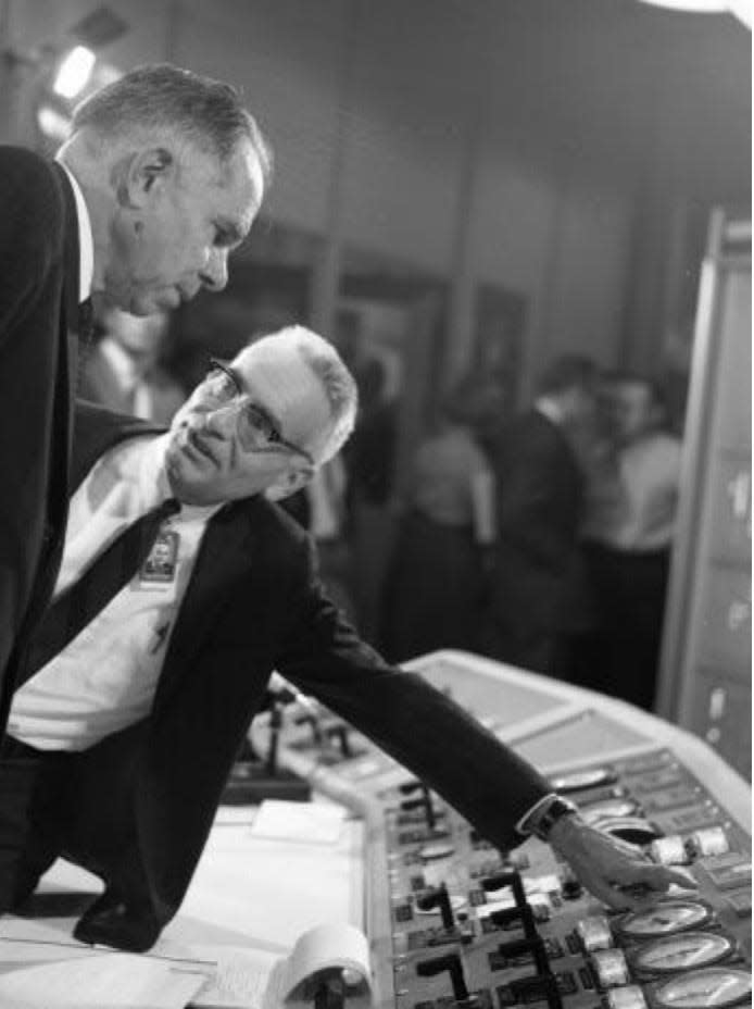 Glenn Seaborg with Alvin Weinberg at the controls of the Molten Salt Reactor Experiment at Oak Ridge National Laboratory.