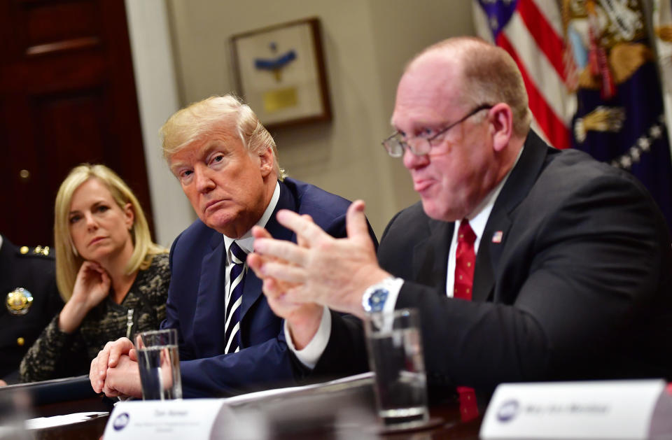 President Donald Trump holds a law enforcement roundtable&nbsp;about sanctuary citieson March 20, 2018.&nbsp;He was joined by Homeland Security Secretary Kirstjen Nielsen and Homan. (Photo: Pool via Getty Images)