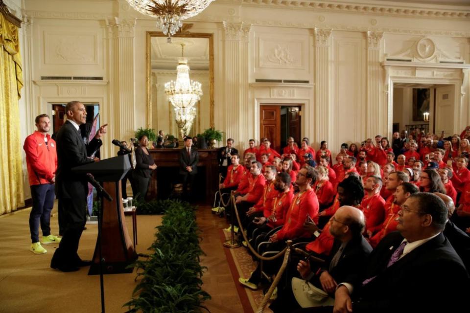 <p>U.S. President Barack Obama welcomes U.S. Olympic and Paralympics teams at the White House in Washington, U.S., September 29, 2016. REUTERS/Yuri Gripas</p>