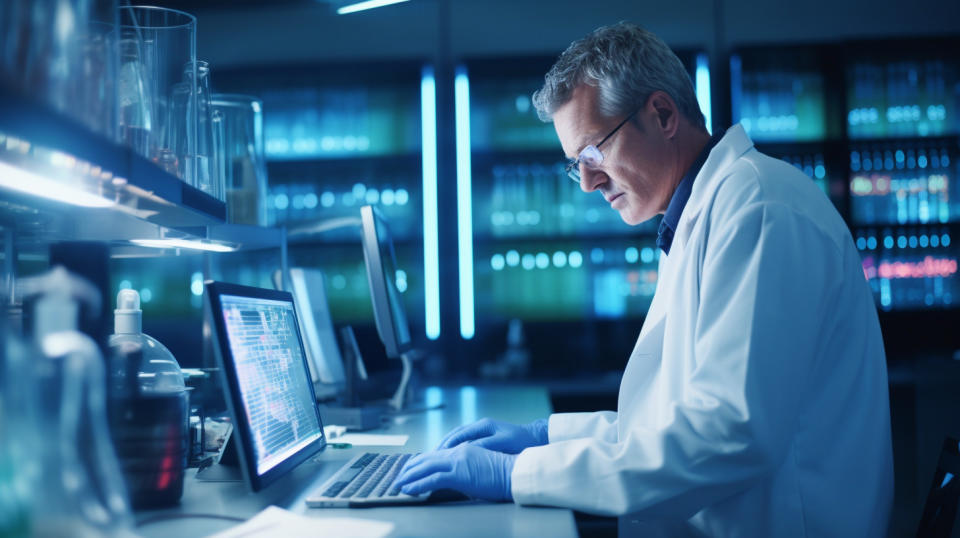 A scientist in a lab coat discussing clinical trial results in a laboratory.