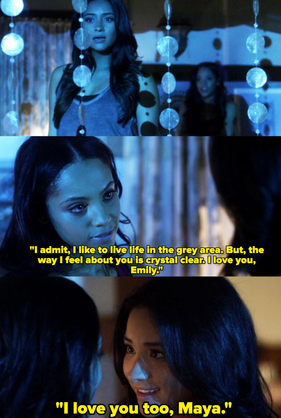 Emily Fields admires the hanging shiny decorations in her room, and Maya St. Germain exchanges "I love yous" with her