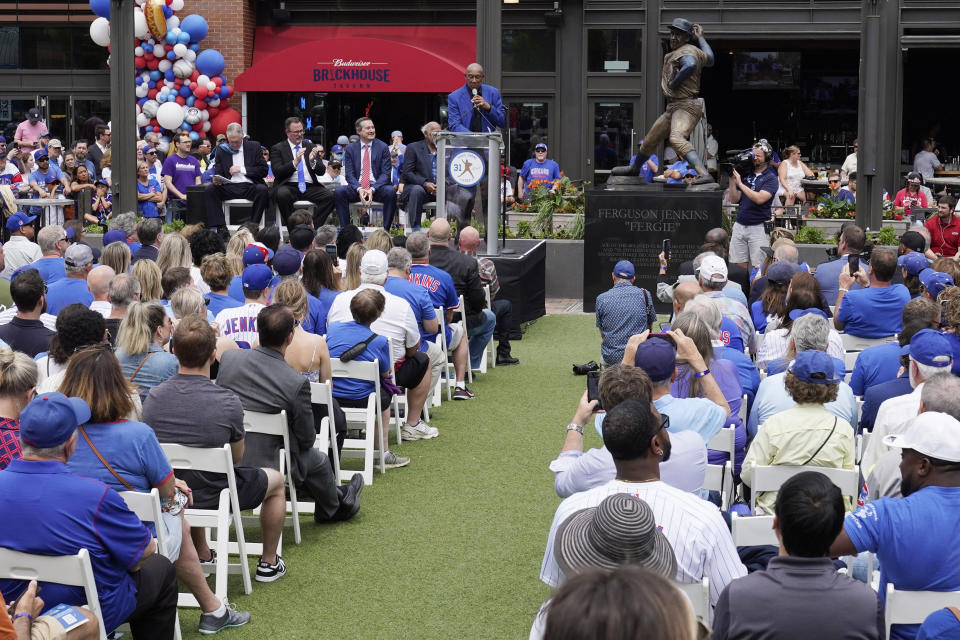 Baseball Hall of Famer Ferguson Jenkins speaks after the Chicago Cubs unveiled a statue honoring the former Cubs pitcher, Friday, May 20, 2022, in Chicago. (AP Photo/Nam Y. Huh)