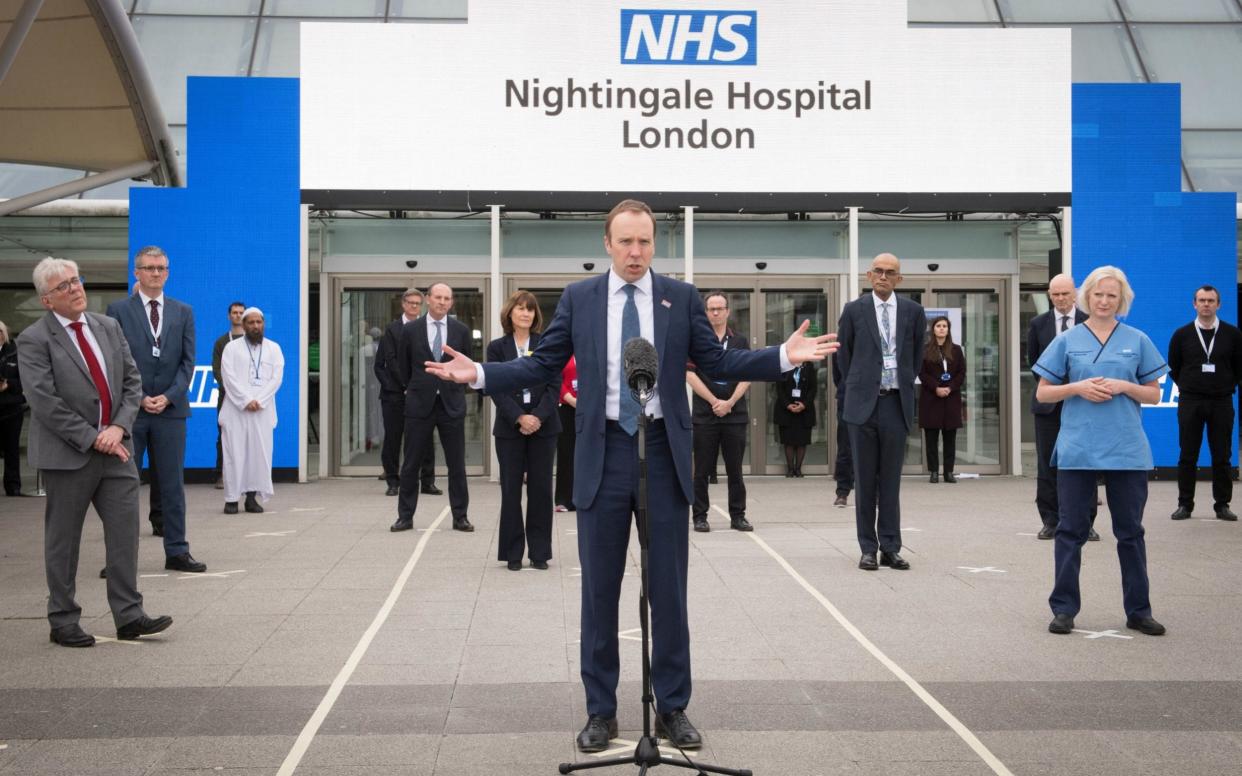 File photo dated 3/4/2020 of Health Secretary Matt Hancock at the opening of the NHS Nightingale Hospital at the ExCel centre in London. London's NHS Nightingale hospital is to stop admitting new patients following limited demand for its services, Downing Street has announced. PA Photo. Issue date: Monday May 4, 2020. The Prime Minister's official spokesman said that there were no new coronavirus admissions expected at the hospital in east London's ExCel centre in the coming days. See PA story HEALTH Coronavirus.  - Stefan Rousseau/PA Wire