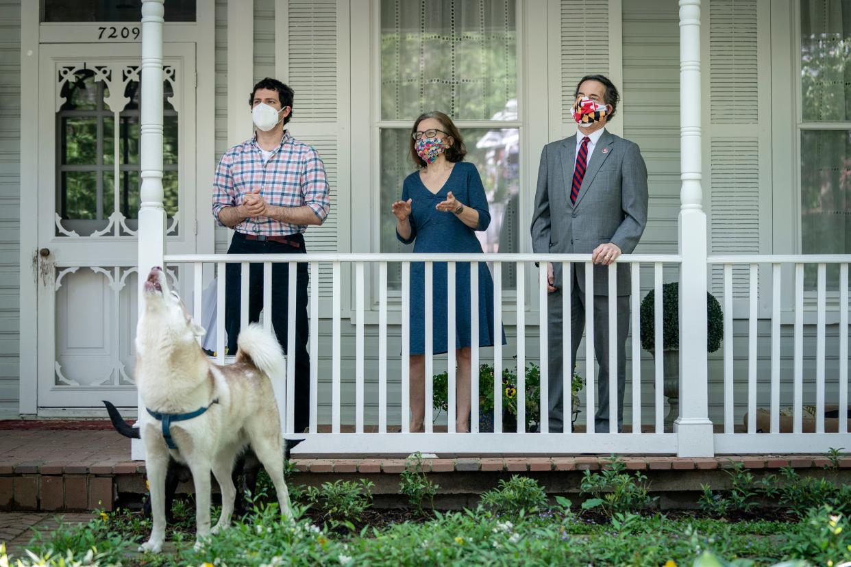 <p>(L-R) Thomas Raskin, Sarah Bloom Raskin and US Rep Jamie Raskin at their home in Takoma Park, Maryland, on May 4, 2020 </p> (Getty Images)