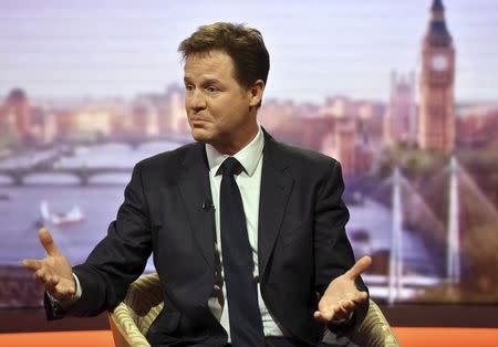 Britain's Liberal Democrat leader Nick Clegg speaks on the BBC's Andrew Marr Show in this photograph received via the BBC in London May 3, 2015. Britain will go to the polls in a national election on May 7. REUTERS/Jeff Overs/BBC/Handout via Reuters