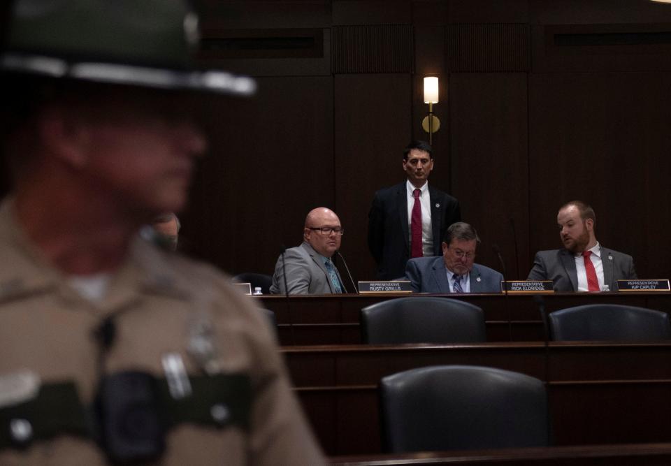 Chairmen Lowell Russell looks on after ordering State Troopers escort the crowd out during a subcommittee meeting at Cordell Hull State Office Building in Nashville , Tenn., Tuesday, Aug. 22, 2023.
