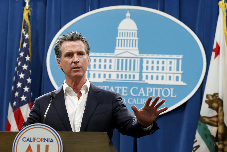 FILE - California Gov. Gavin Newsom announced that California will spend $20 million on a public awareness campaign about the dangers of vaping nicotine and cannabis products amid a rise in vaping-related illnesses, during a news conference in Sacramento, Calif., Monday, Sept. 16, 2019. Gov. Newsom will propose a temporary tax cut for California's marijuana industry, but businesses say it falls short of what's needed to revive the shaky pot economy. Broad legal sales began in California in 2018 but the industry has struggled with hefty taxes, regulation and competition from a vast illegal marketplace. The administration will recommend eliminating the cultivation tax. But a later increase would come in the cannabis excise tax to make up for those funds, possibly as soon as 2024. (AP Photo/Rich Pedroncelli, File)