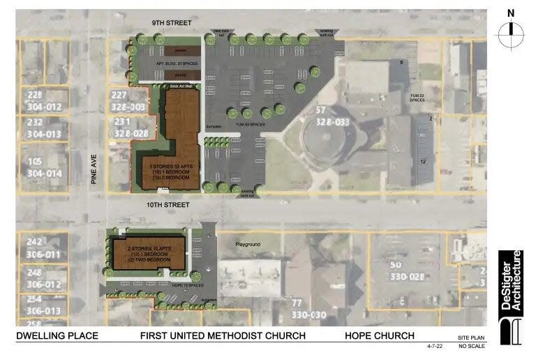 Drawings show the proposed location of a pair of buildings on Hope Church and First United Methodist Church property off of 10th Street where Dwelling Place is planning affordable apartments.