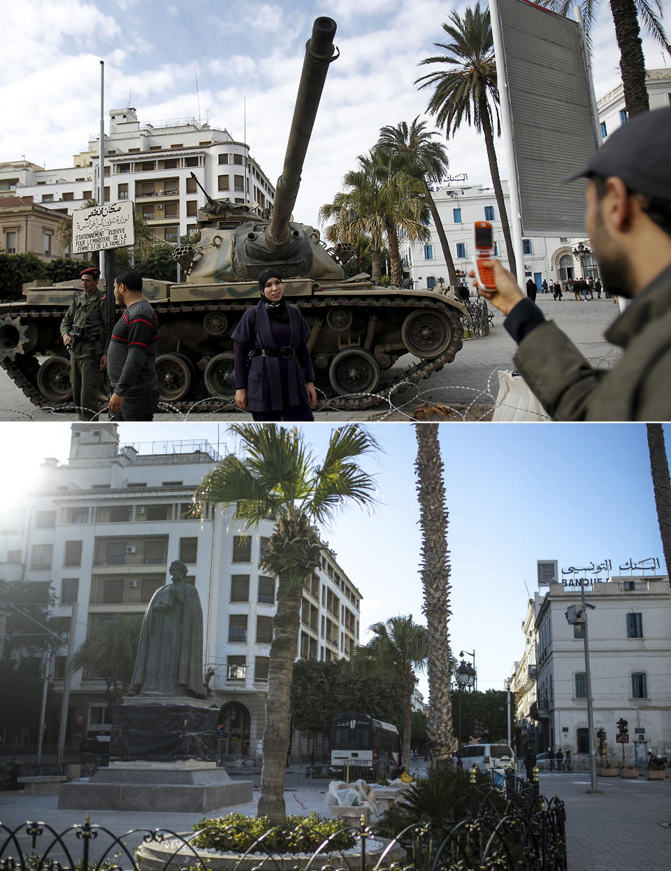 A combo image showing a woman posing next to a tank in central Tunis, Friday, Jan. 21 2011, top, and an empty street near Tunis' landmark Avenue Habib Bourgiba, on the tenth anniversary of the uprising, due to a national lockdown after a surge in Covid-19 cases, in Tunis, Thursday, Jan. 14, 2021. Tunisia is commemorating the 10th anniversary since the flight into exile of its iron-fisted leader, Zine El Abidine Ben Ali, pushed from power in a popular revolt that foreshadowed the so-called Arab Spring. But there will be no festive celebrations Thursday marking the revolution in this North African nation, ordered into lockdown to contain the coronavirus. (AP Photo/Christophe Ena, Mosa'ab Elshamy)