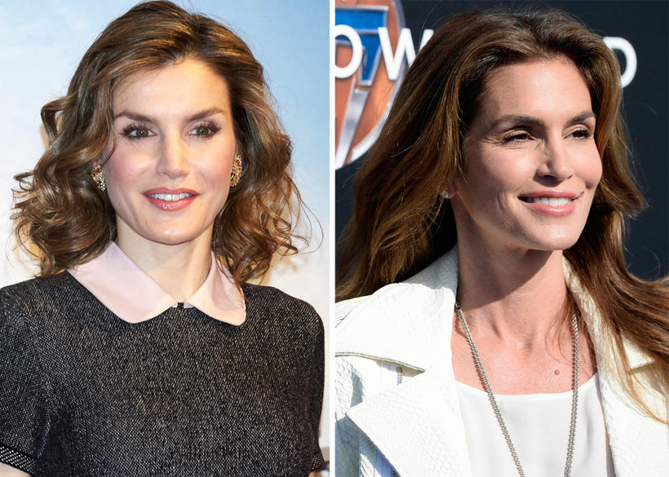 Auch wenn Spaniens Königin Letizia (li.) das berühmte Muttermal über der Lippe fehlt, so hat sie doch gewisse Ähnlichkeit mit Topmodel Cindy Crawford. Es sind vor allem die Gesichtsform, der Mund und das Kinn, die sich ähneln. 