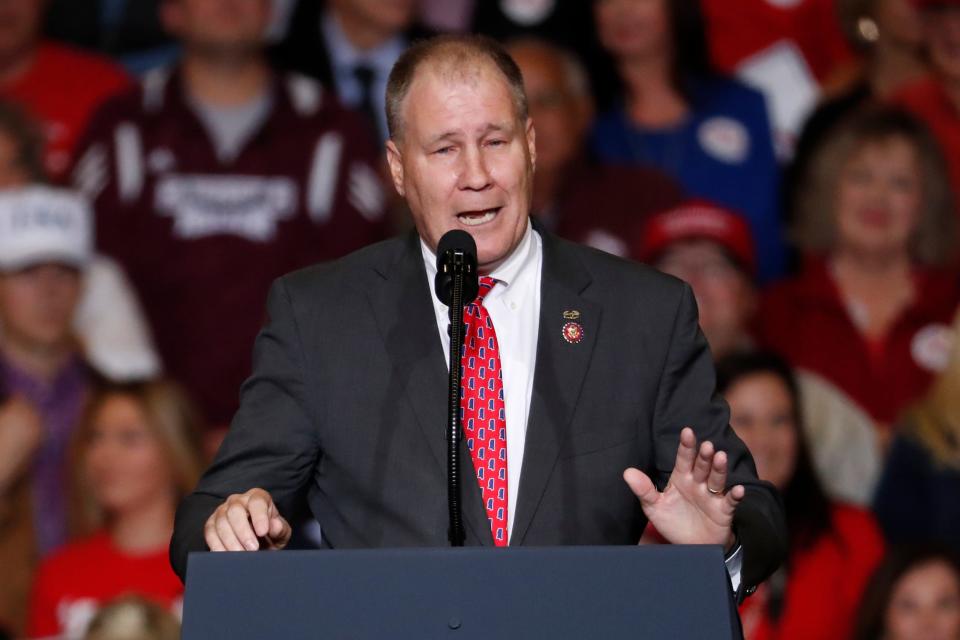 U.S. Rep. Trent Kelly, R-Miss., speaks to the audience at the start of a Keep America Great Rally in Tupelo, Miss., Nov. 1, 2019.