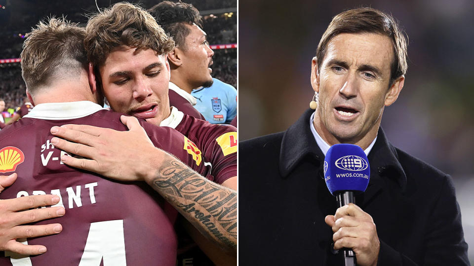 On the right is Andrew Johns and Maroons players on left after Origin Game II.