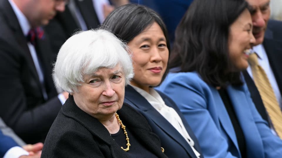 Treasury Secretary Janet Yellen and Trade Representative Katherine Tai await President Joe Biden's speech. - Mandel Ngan/AFP/Getty Images