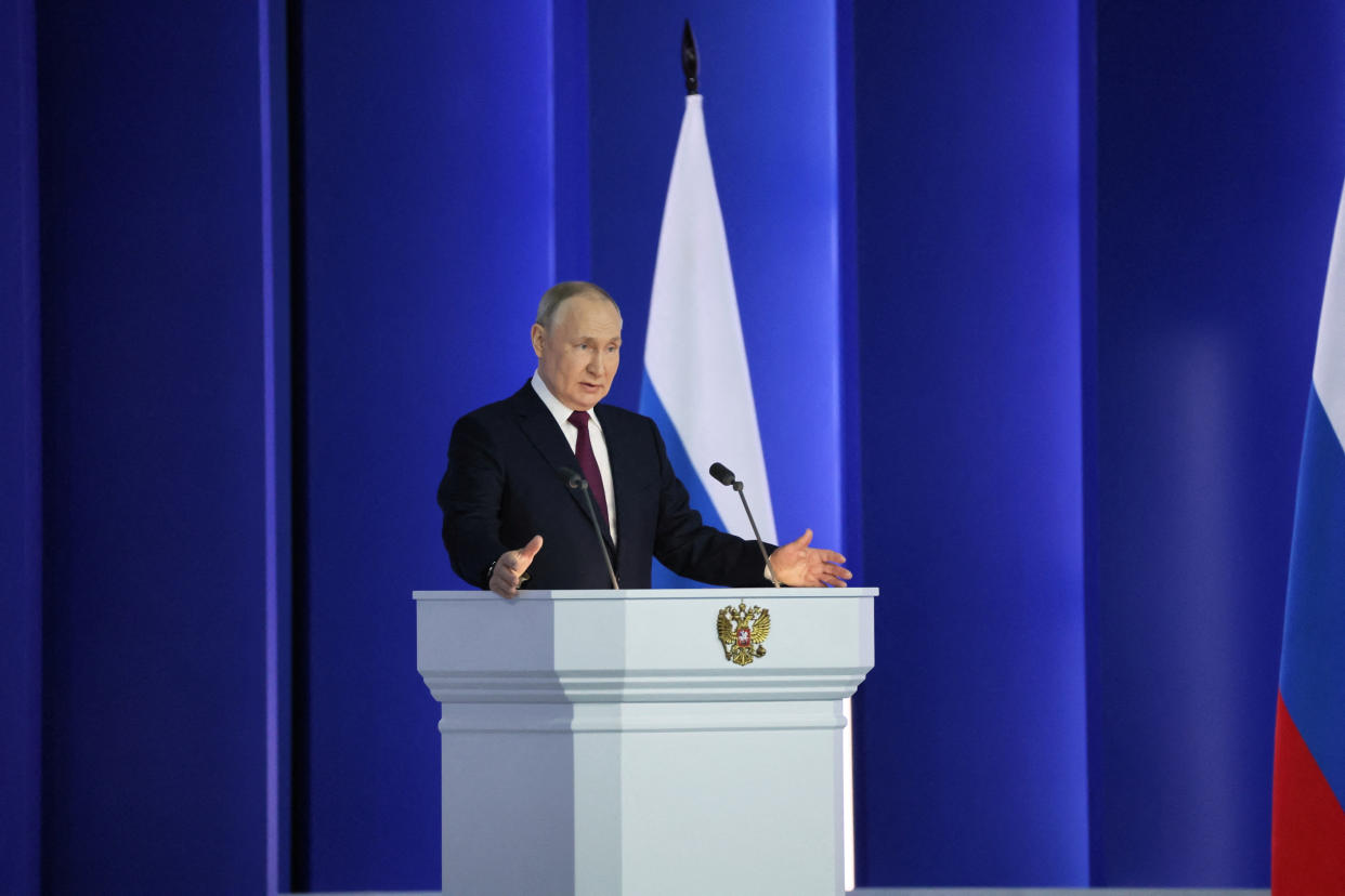 Russian President Vladimir Putin delivers his annual address to the Federal Assembly in Moscow, Russia February 21, 2023. Sputnik/Sergei Savostyanov/Pool via REUTERS ATTENTION EDITORS - THIS IMAGE WAS PROVIDED BY A THIRD PARTY.