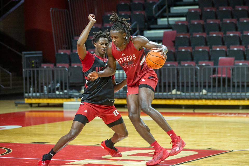 Antwone Woolfolk and Clifford Omoruyi practice during Rutgers men's basketball media day at Jersey Mike's Arena in Piscataway, NJ Tuesday, October 3, 2023.