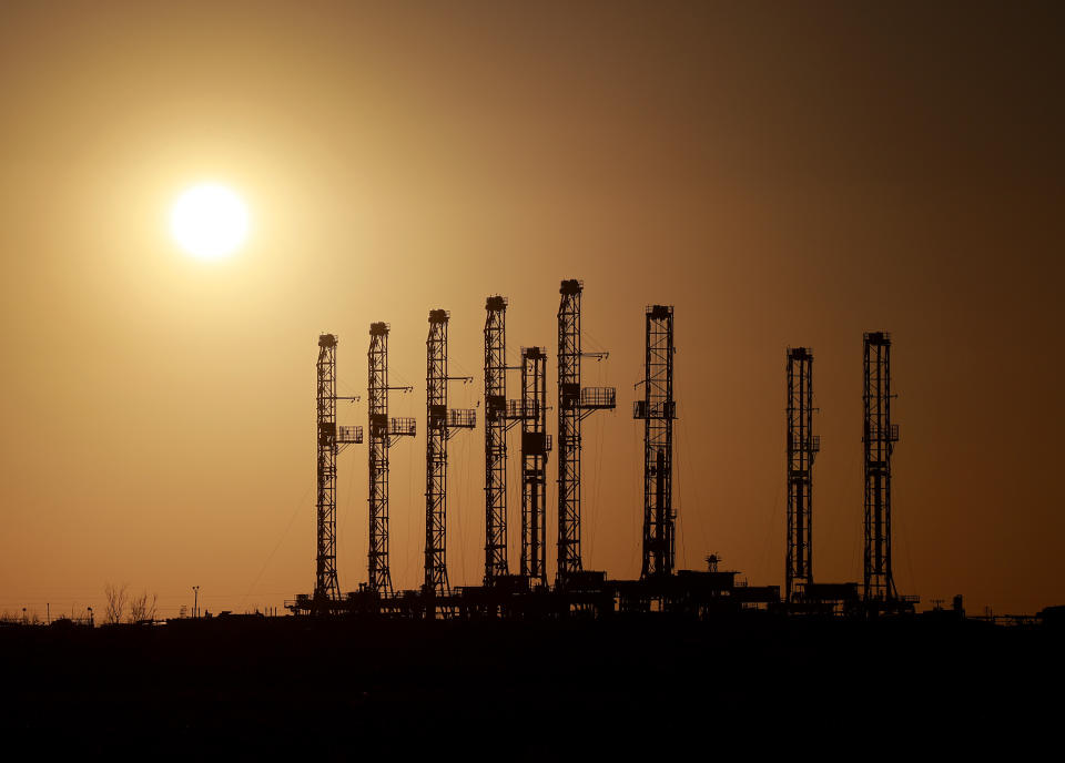 ODESSA, TEXAS - MARCH 13: Drilling rigs sit unused on a companies lot located in the Permian Basin area on March 13, 2022 in Odessa, Texas. United States President Joe Biden imposed a ban on Russian oil, the world’s third-largest oil producer, which may mean that oil producers in the Permian Basin will need to pump more oil to meet demand. The Permian Basin is the largest petroleum-producing basin in the United States. (Photo by Joe Raedle/Getty Images)