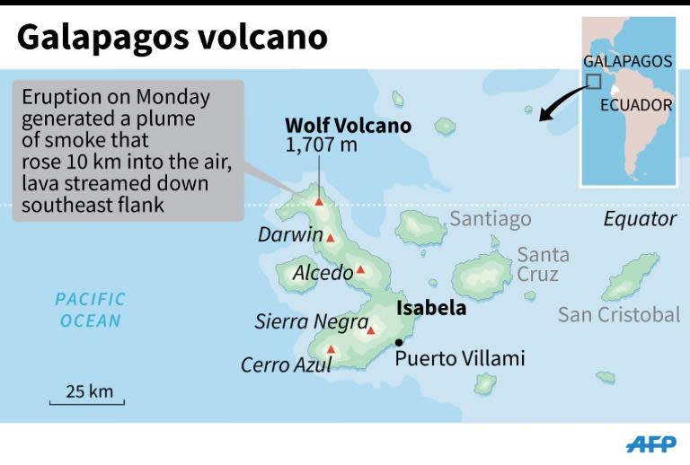 Map locating the volcano in Galapagos Islands that erupted on Monday