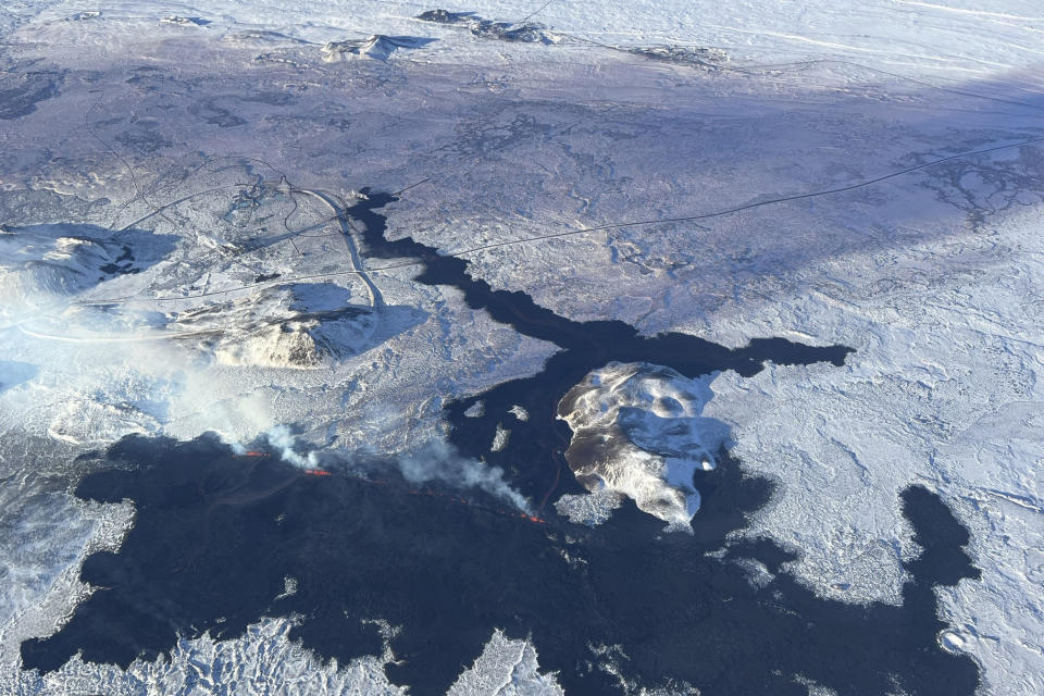 Aerial view of the lava from the volcano erupting in north of Grindavík, Iceland, Thursday, Feb. 8, 2024. Iceland’s Meteorological Office says a volcano is erupting in the southwestern part of the country, north of a nearby settlement. The eruption of the Sylingarfell volcano began at 6 a.m. local time on Thursday, soon after an intense burst of seismic activity. (Almannavarnir via AP)