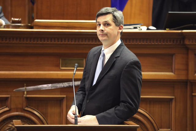 South Carolina Senate Majority Leader Shane Massey, R-Edgefield, speaks about a bill detailing how certain topics are taught and how parents can file complaints in state schools on Tuesday, May 2, 2023, in Columbia, S.C. (AP Photo/Jeffrey Collins)