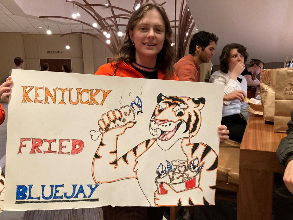 A Princeton student holds a sign prior to the Tigers' game against Creighton in the Sweet 16