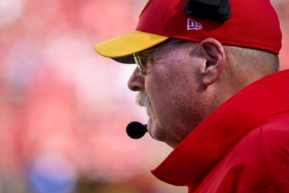 Kansas City Chiefs coach Andy Reid watches from the sidelines during a game against the Chicago Bears, Sunday, Sept. 24, 2023 in Kansas City, Mo. Reid’s Chiefs will face the Jets and embattled quarterback Zach Wilson Sunday night. | Reed Hoffmann, Associated Press